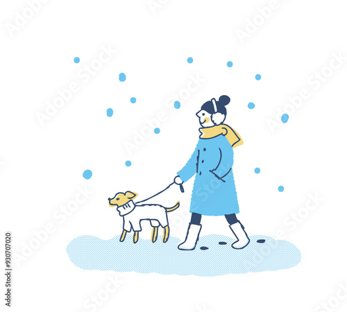 雪の日に犬の散歩をしている女性