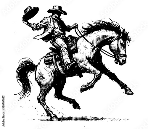 Cowboy horse black white illustration ride vector