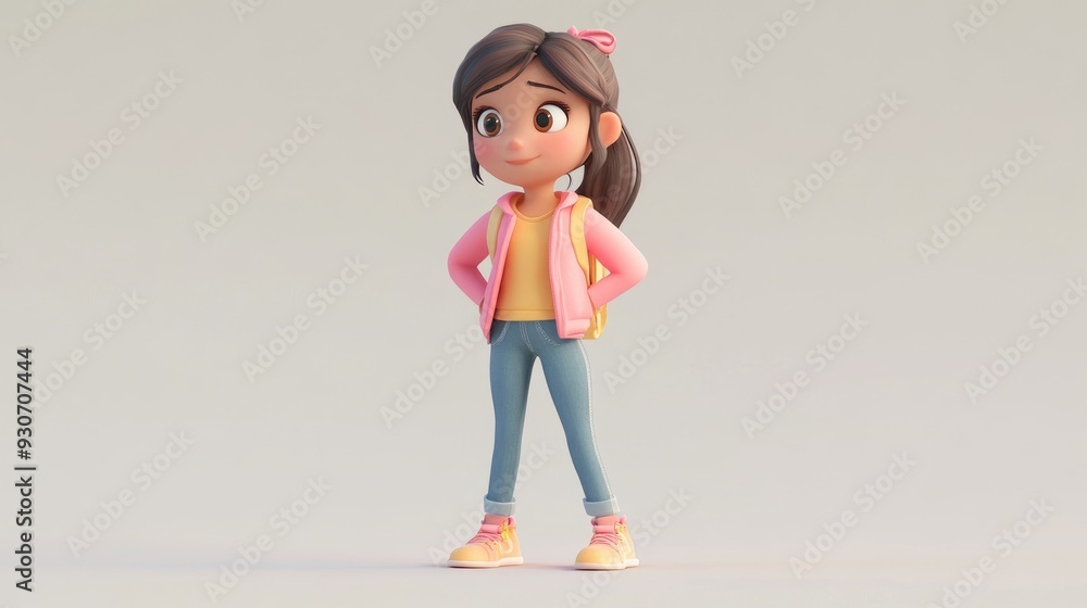 3D cartoon full length character of a girl in casual clothes striking a standing pose against a plain white studio backdrop 3D cartoon full length character of a girl in casual clothes striking a standing pose against a plain white studio backdrop