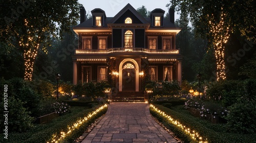 A large house with a walkway lit up with lights. The house is surrounded by trees and bushes