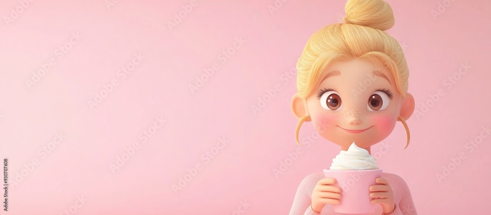 3D Cartoon Girl Enjoying Healthy Yogurt for Breakfast on Bright Background 3D Cartoon Girl Enjoying Healthy Yogurt for Breakfast on Bright Background