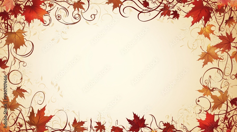An ornate frame with swirling vines and maple leaves in deep red and orange hues, with a subtle gradient background from light cream to warm brown