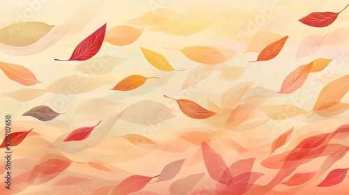 A whimsical pattern of swirling wind currents carrying colorful autumn leaves, set against a soft, gradient sky in warm hues