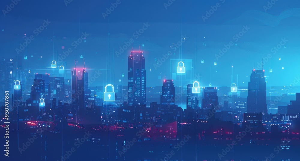 A city skyline at night with digital padlock icons floating above it, symbolizing the idea of security in modern urban life Generative AI A city skyline at night with digital padlock icons floating above it, symbolizing the idea of security in modern urban life Generative AI