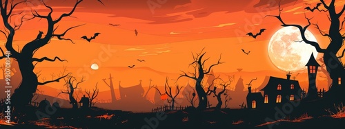 black trees forest without leaves  and deil house with bright white moon in orange sky background photo