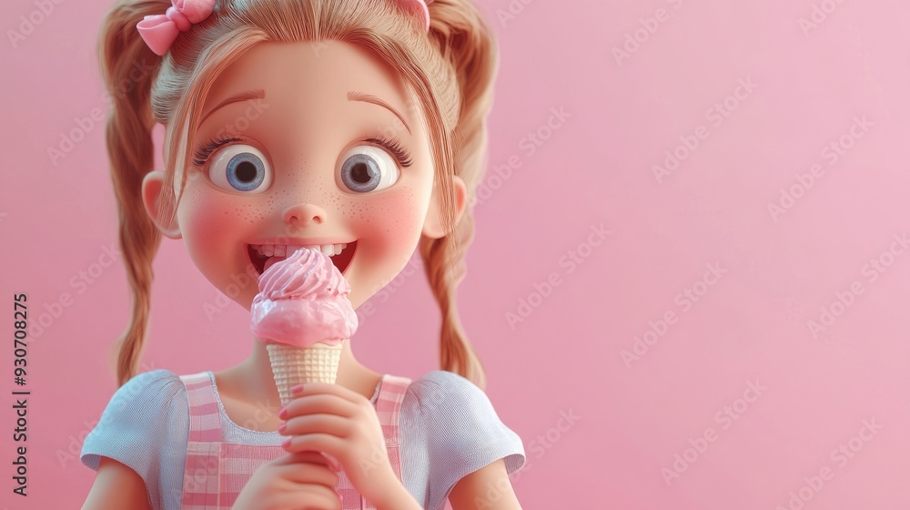 3D Cartoon Girl Enjoying Ice Cream 3D Cartoon Girl Enjoying Ice Cream