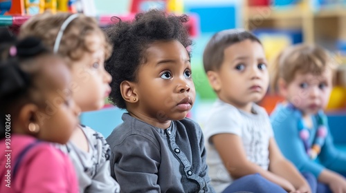 Engaged kindergarten classroom scene of diverse preschool kids sitting and learning attentively together, education concept