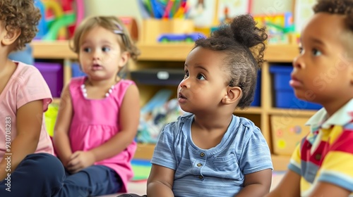 Engaged kindergarten classroom scene of diverse preschool kids sitting and learning attentively together, education concept