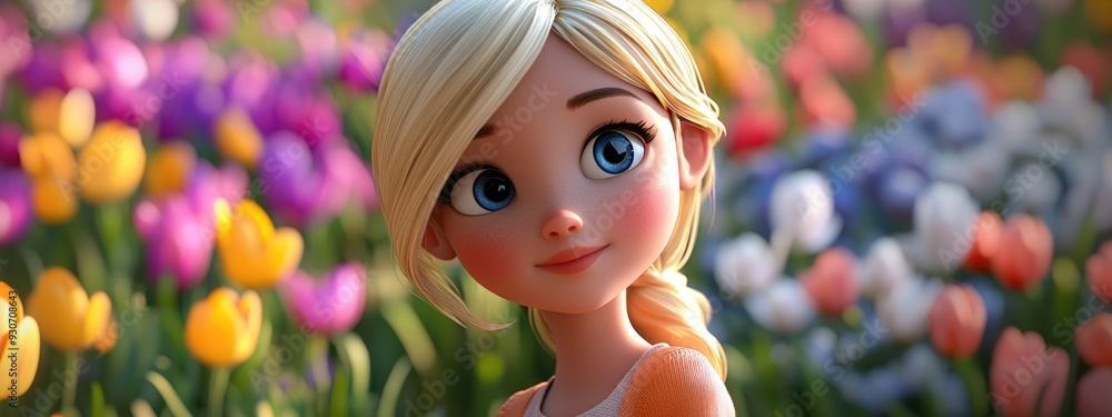 Fototapeta premium 3D cartoon close up of a young blonde character posing in a vibrant spring park