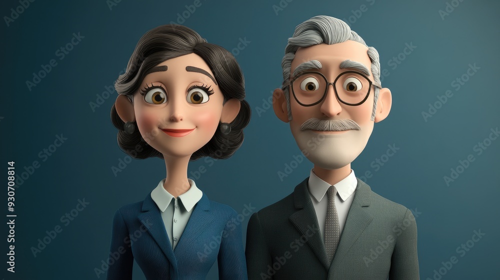 3D Cartoon Family Portrait of Man and Woman in Classic Suits 3D Cartoon Family Portrait of Man and Woman in Classic Suits