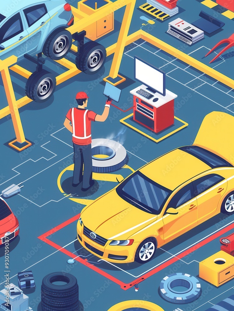 Naklejka premium A mechanic performs a computer diagnosis on a car while working on engine repairs in a modern automotive workshop. Generative AI