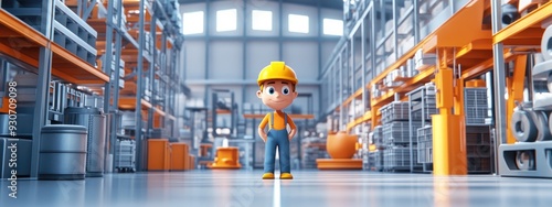 3D Cartoon Fabric Specialist in a Metal Factory Metal Shape Workshop with a Cartoon Worker Animated Character in a Metal Supply Warehouse