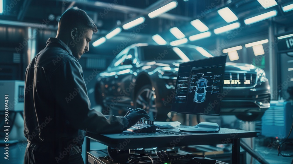 A mechanic is using a computer to diagnose issues and repair the engine of a car inside a well-equipped auto repair shop. Generative AI A mechanic is using a computer to diagnose issues and repair the engine of a car inside a well-equipped auto repair shop. Generative AI