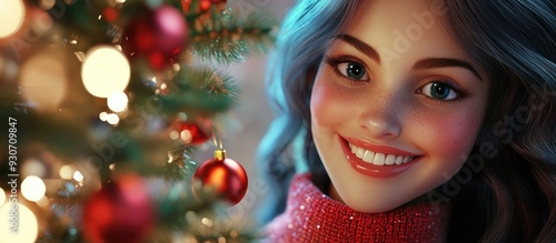 3D Cartoon Close Up of a Happy Woman Smiling Near a Festive Tree Celebration and Joyful Moments Concept