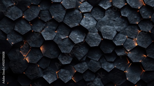 A pattern of dark, irregular hexagonal shapes with subtle golden cracks peeking through, creating a dynamic and textured look that evokes industrial elegance. photo