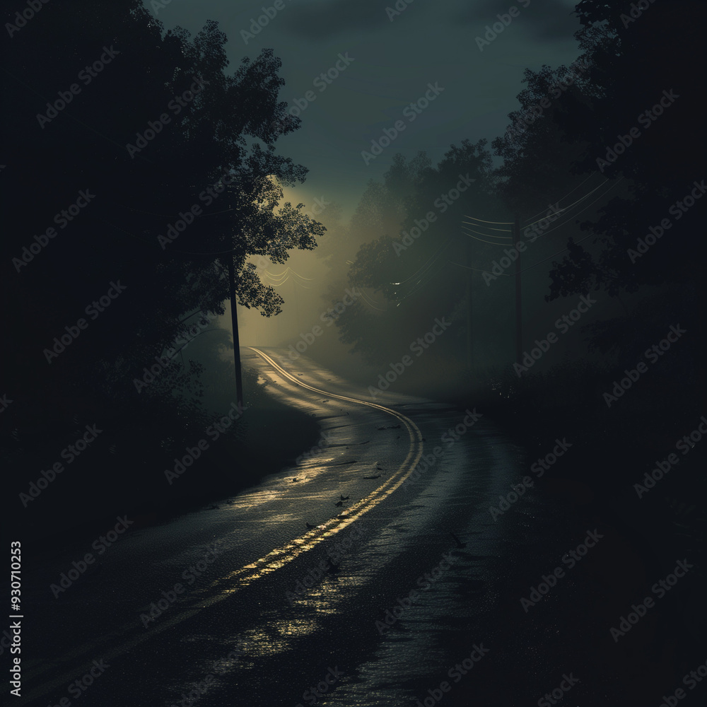 Fototapeta premium Misty Road at Night with Reflective Surface