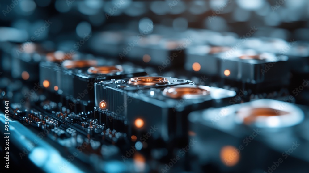 This captivating image displays a close-up of an electronic motherboard with various components and glowing amber lights, illustrating the complexity and precision of modern technology. This captivating image displays a close-up of an electronic motherboard with various components and glowing amber lights, illustrating the complexity and precision of modern technology.