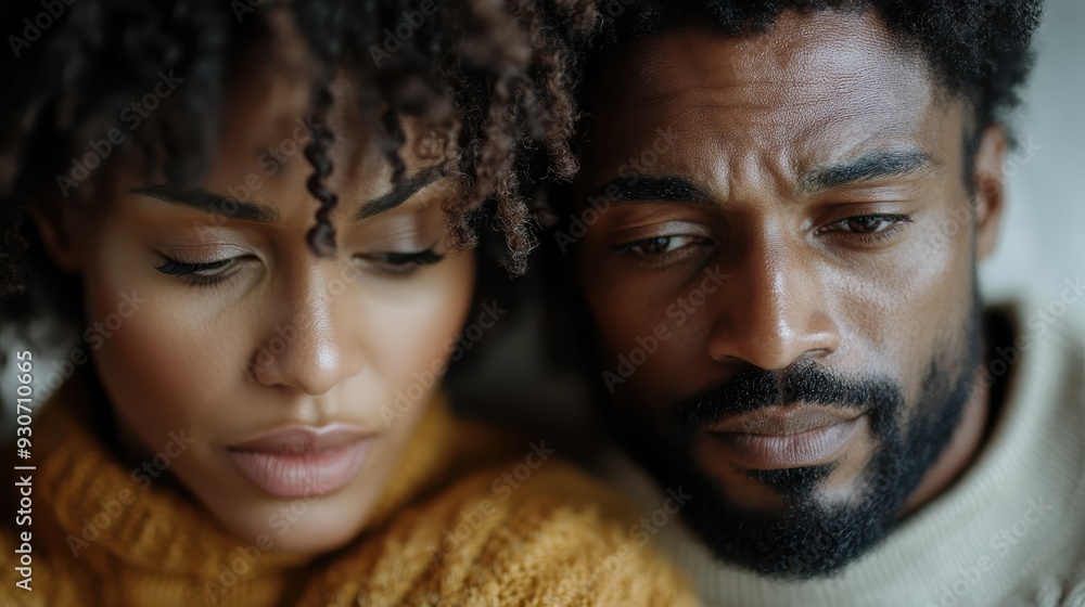 A close-up of a pensive couple with intertwined hair, portraying an introspective gaze while resting together. The image captures connection and contemplation. A close-up of a pensive couple with intertwined hair, portraying an introspective gaze while resting together. The image captures connection and contemplation.