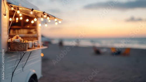 Obraz na płótnie A food truck adorned with fairy lights is set against a beautiful beach sunset backdrop, evoking a sense of relaxation and enjoyment by the sea with ambient lighting. w salonie