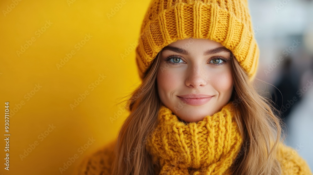 A close-up portrait of a smiling woman wearing a matching yellow knit hat and scarf, set against a bright yellow background that emphasizes her cheerful expression and cozy attire. A close-up portrait of a smiling woman wearing a matching yellow knit hat and scarf, set against a bright yellow background that emphasizes her cheerful expression and cozy attire.
