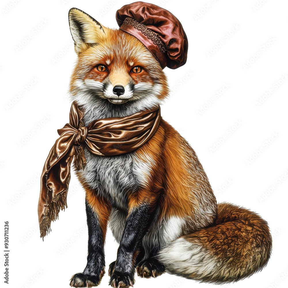 Obraz premium A fox with a silk scarf and beret, isolated, cut out.