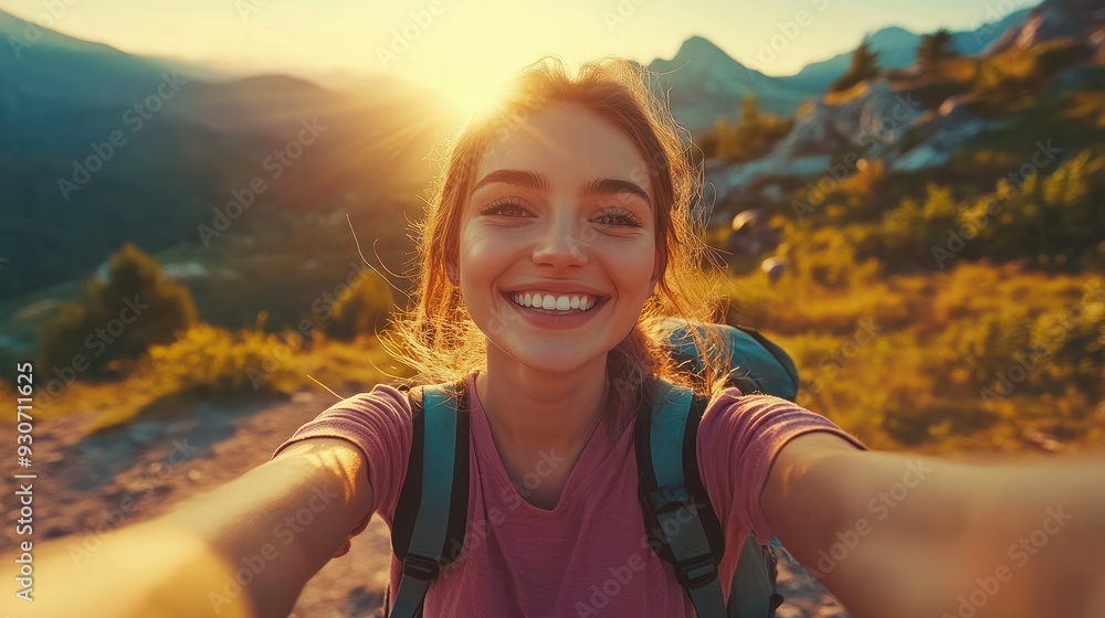 Happy smiling girl tourist taking a selfie portrait in the mountains at sunset in summer Happy smiling girl tourist taking a selfie portrait in the mountains at sunset in summer