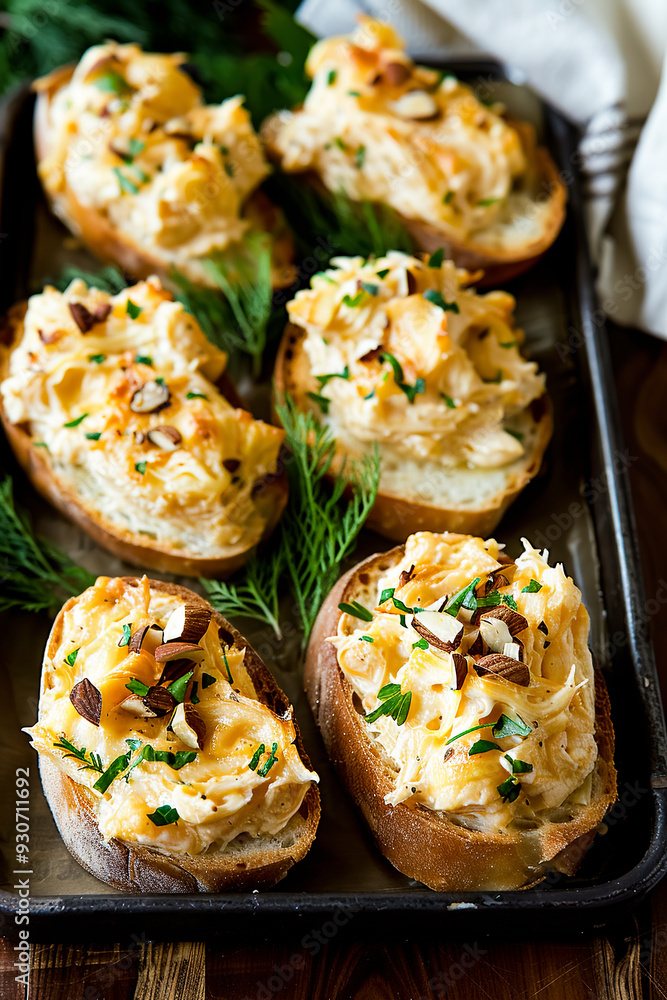 Bruschetta with cheese and herbs on a wooden table. Bruschetta with cheese and herbs on a wooden table.