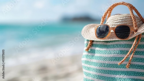 A striped beach bag accompanied by a floppy hat and sunglasses resting on it, set against the backdrop of a sunny beach with turquoise water in the background. Perfect travel image. photo