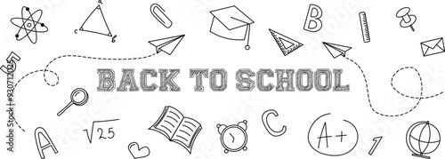 Back to school banner. Education, science concept. Banner with school supplies drawings. Hand drawn pattern. Banner for your design. Vector EPS 10