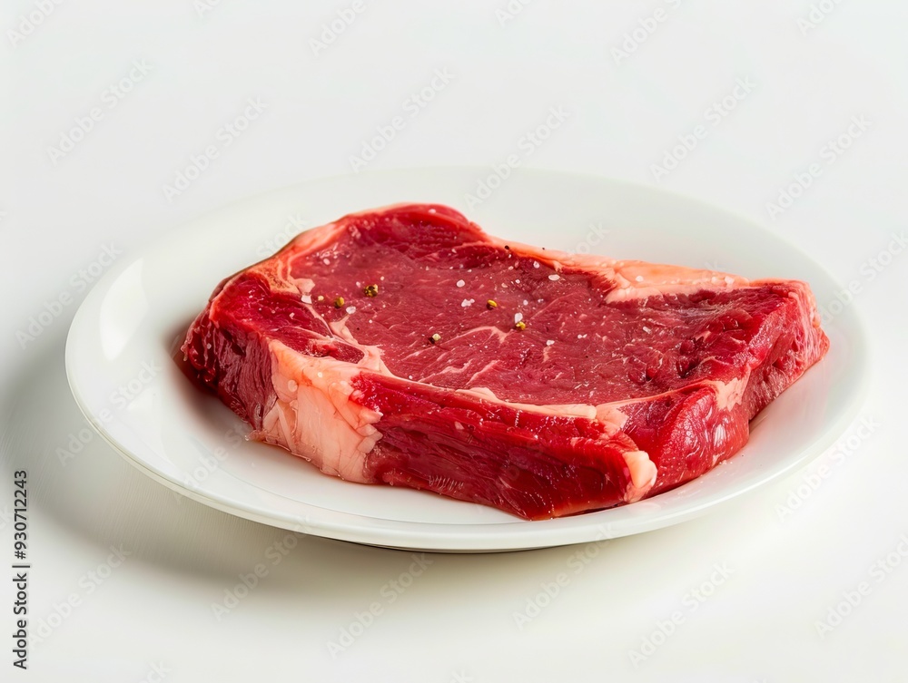 A piece of steak on a white plate on a table A piece of steak on a white plate on a table