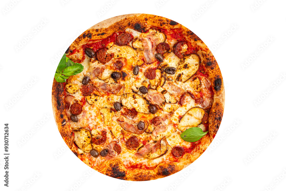 pizza chicken meat and olives, sausages, cheese, tomato sauce fresh meal food snack on the table copy space food background rustic top view pizza chicken meat and olives, sausages, cheese, tomato sauce fresh meal food snack on the table copy space food background rustic top view