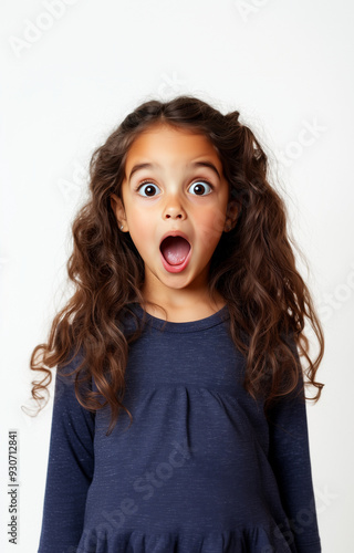 portrait of isolated little brunette girl with excited/positively surprised face expression; kid with open mouth; blue blouse; white background photo