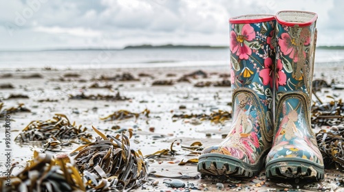 Colorful floral rain boots on sandy beach with seaweed, shells washed ashore under blue sky, tropical paradise scene with vibrant colors