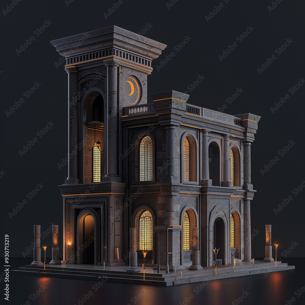Fototapeta premium Isometric Miniature Model of a Gothic Tower at Night 