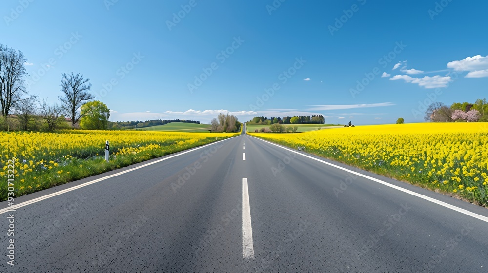 A scenic road flanked by vibrant yellow flowers under a clear blue sky. A scenic road flanked by vibrant yellow flowers under a clear blue sky.