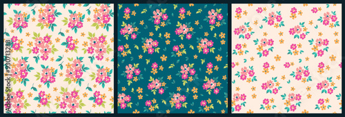 Seamless floral pattern, liberty ditsy print, abstract ornament in colorful summer style. Cute botanical design: small hand drawn daisy flowers, tiny leaves, mini simple bouquets. Vector illustration.