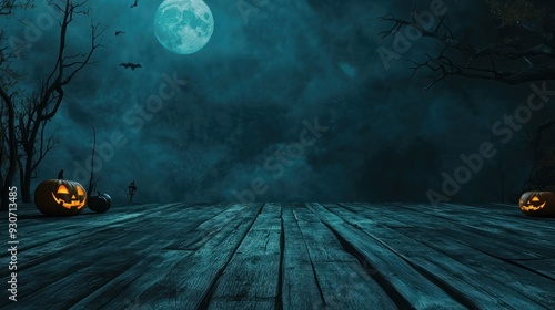 Wooden deck floor on the background of halloween theme background. Generative AI. photo