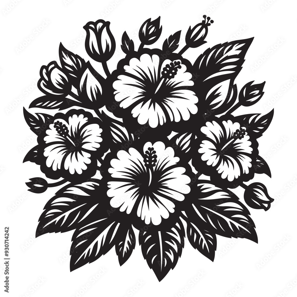 Fototapeta premium Hibiscus vector art, Hibiscus silhouette, Hibiscus illustration, Hibiscus black and white vector, black and white flower, Hibiscus flower silhouette, 