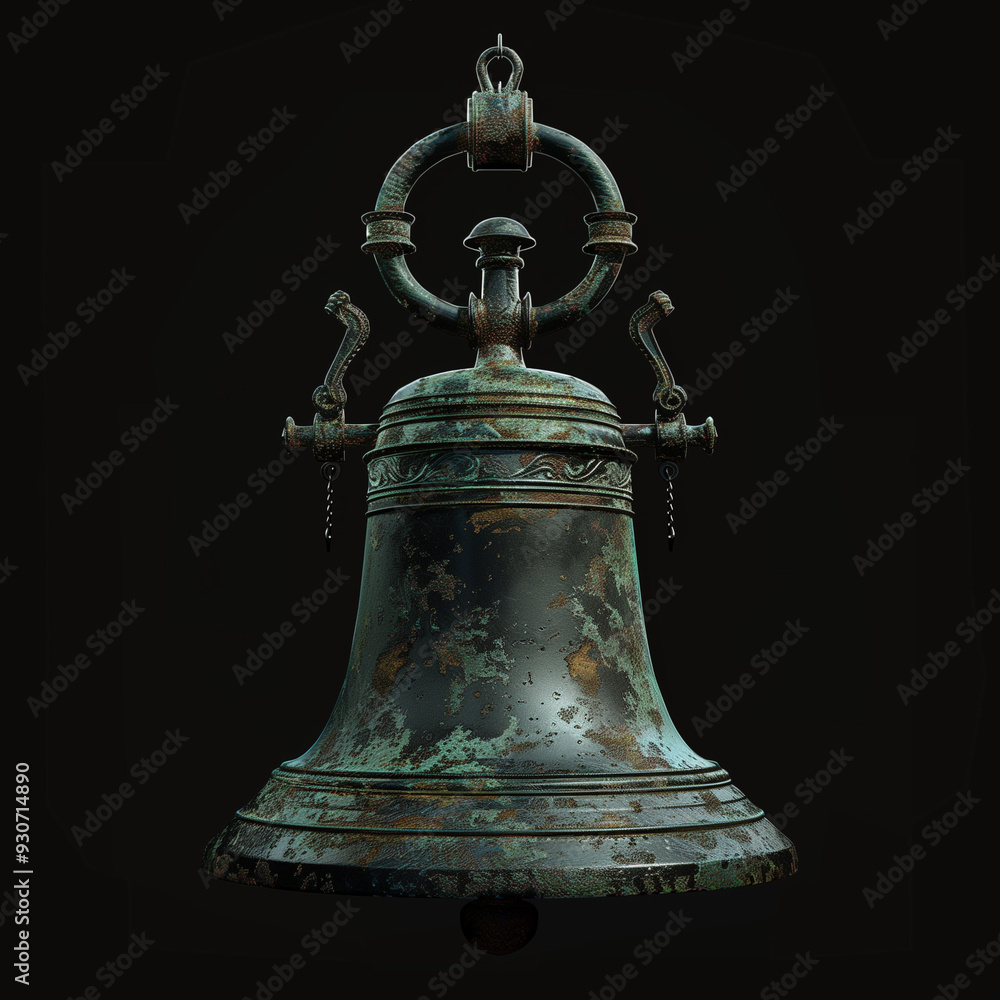Aged bronze bell with patina and ornate handle
Aged bronze bell with patina and ornate handle