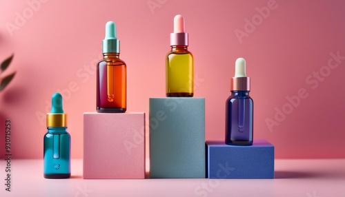 vibrant display of multicolored dropper bottles, each uniquely designed, is artistically arranged on various podiums of differing heights, all set against a smooth pink background with subtle shadows 