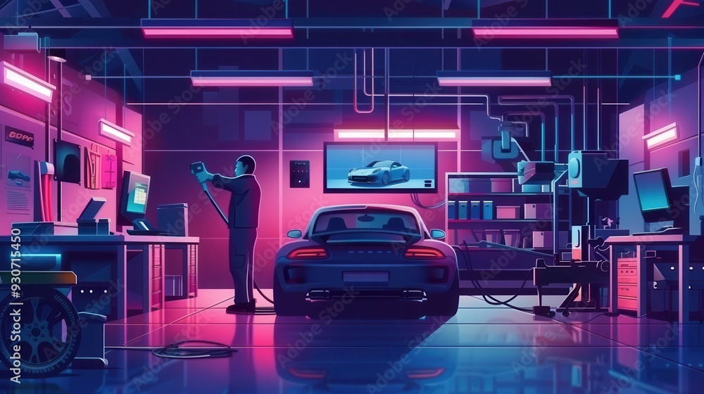 A mechanic is working on engine repair and performing a computer diagnosis in a high-tech auto workshop filled with tools and equipment. Generative AI A mechanic is working on engine repair and performing a computer diagnosis in a high-tech auto workshop filled with tools and equipment. Generative AI