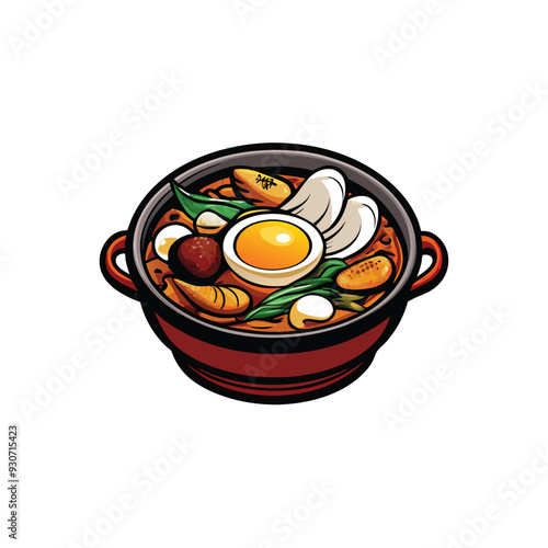 A vector image of a steaming pot of sundubu jjiga, a Korean tofu stew, with ingredients like tofu, egg, and vegetables, in a red pot with handles.