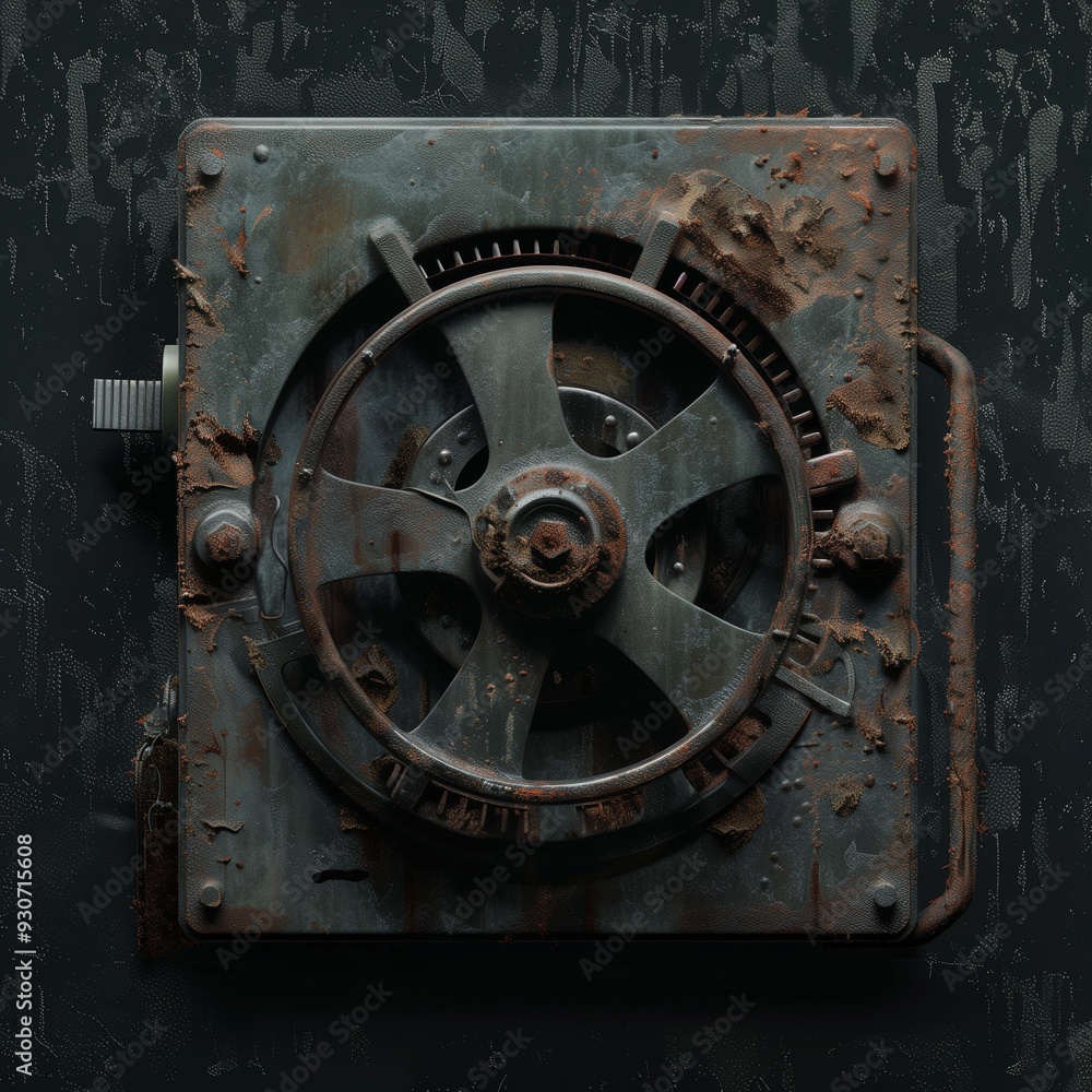 Rusty metal vault wheel with weathered surface
Rusty metal vault wheel with weathered surface