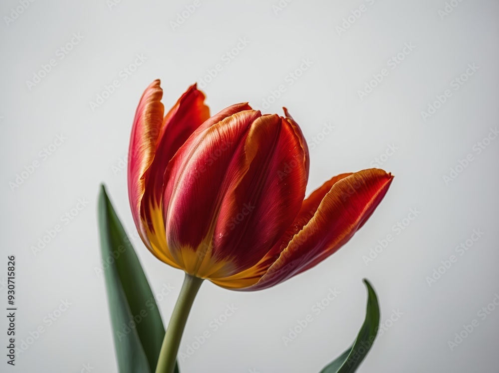 Close up of a vibrant red and yellow tulip against a plain background Close up of a vibrant red and yellow tulip against a plain background