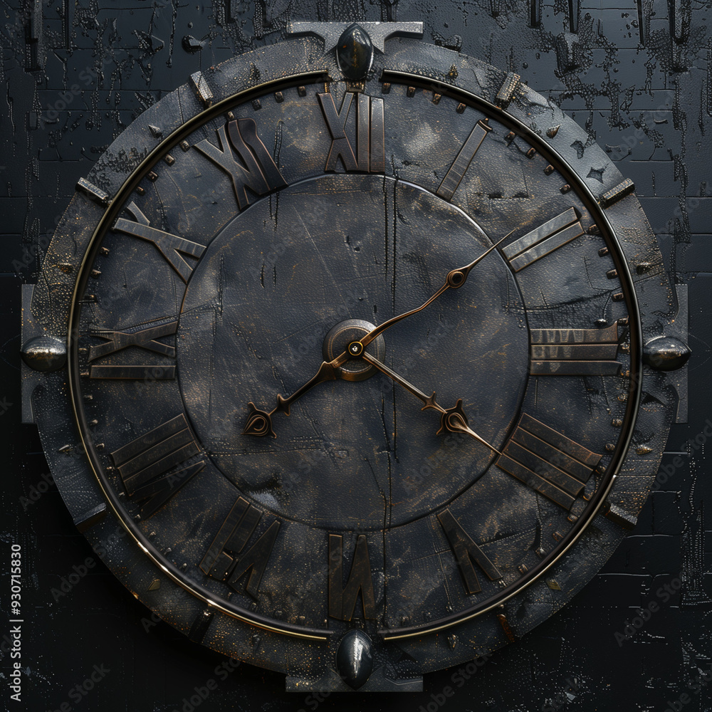 Obraz premium Aged metallic clock face with worn Roman numerals 