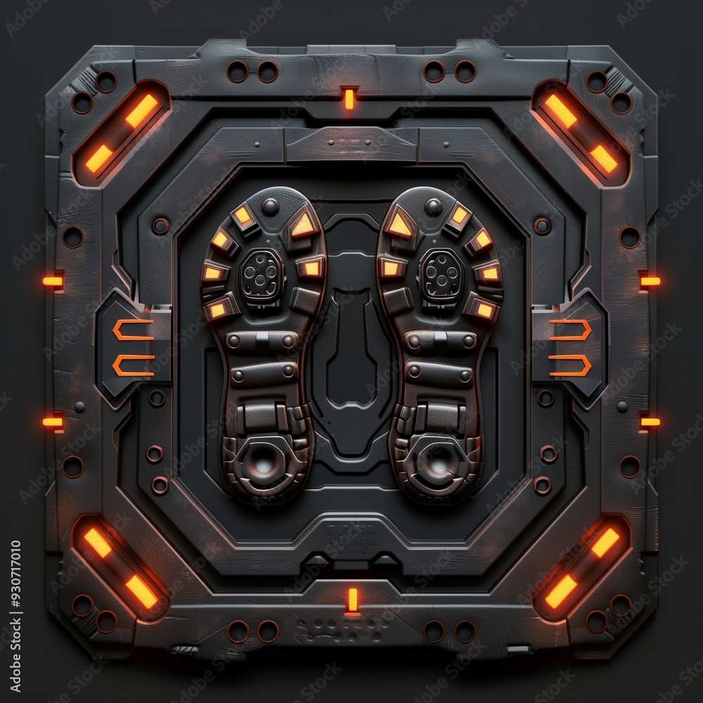 Fototapeta premium Futuristic Footprint Panel with Orange LED Highlights on Dark Background