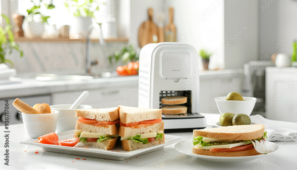 Toaster with dishes and sandwiches on a light kitchen table Toaster with dishes and sandwiches on a light kitchen table