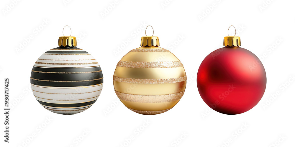 Three Christmas ornaments, one red, one white and one gold Three Christmas ornaments, one red, one white and one gold