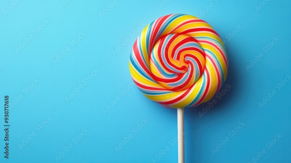 colorful spiral lollipop on blue background bright fun and sweet candy for all ages ideal for advertising marketing or promotional material 4th of july colorful spiral lollipop on blue background bright fun and sweet candy for all ages ideal for advertising marketing or promotional material 4th of july