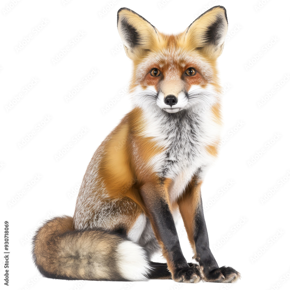 A charming red fox sitting with a fluffy tail wrapped around, isolated, cut out. A charming red fox sitting with a fluffy tail wrapped around, isolated, cut out.